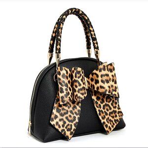 LIKE DREAMS Leopard Top Handle Small Bow Bag NWOT